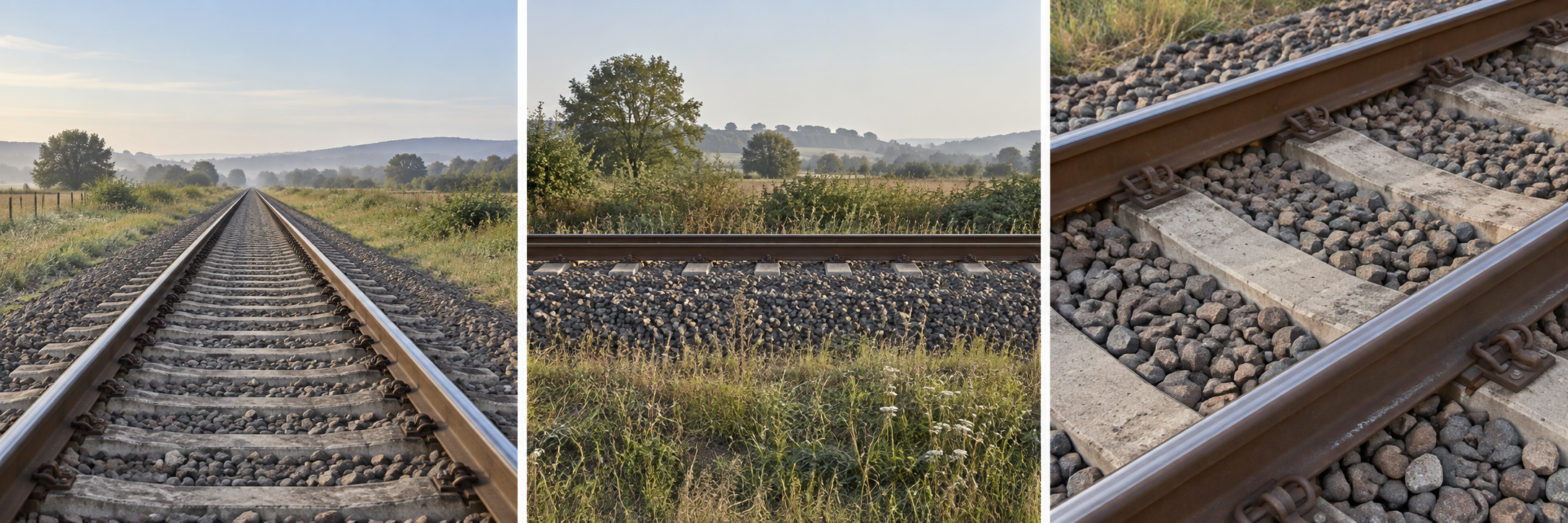 The same track from three viewpoints: along the line, from the side, and close up.